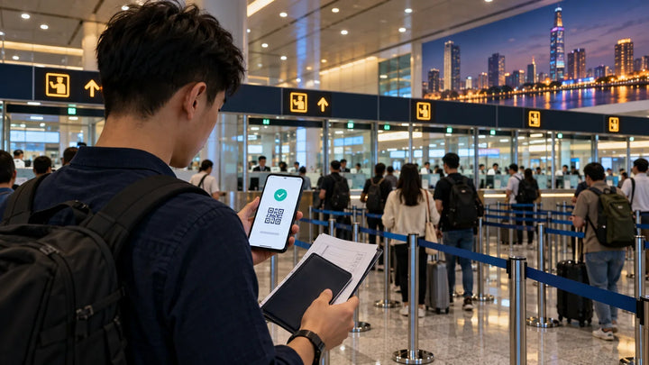 旅客在越南国际机场查看手机入境申报QR Code与护照