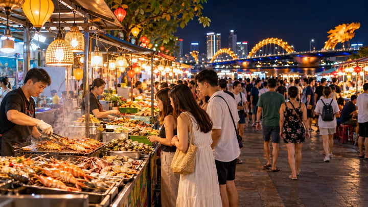 越南城市夜游夜市灯光与晚间旅行气氛