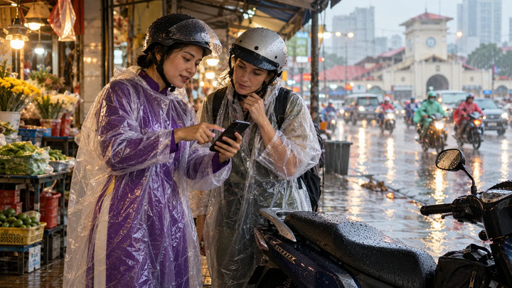 越南雨季旅客撑伞查看北中南天气与行程备案
