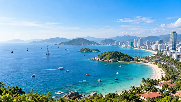 芽庄海湾、沿岸城市与跨海缆车的旅行示意图