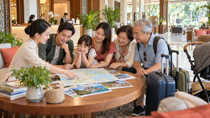 越南家庭旅行出发前共同查看地图与紧急联络计划