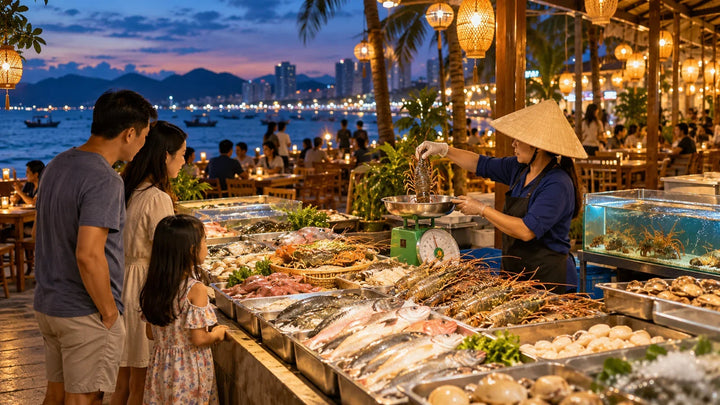 芽庄海滨夜市海鲜与鱼饼米线在地美食情境
