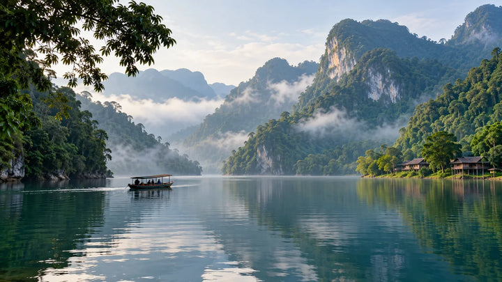 北越三海湖淡水湖与森林石灰岩山景