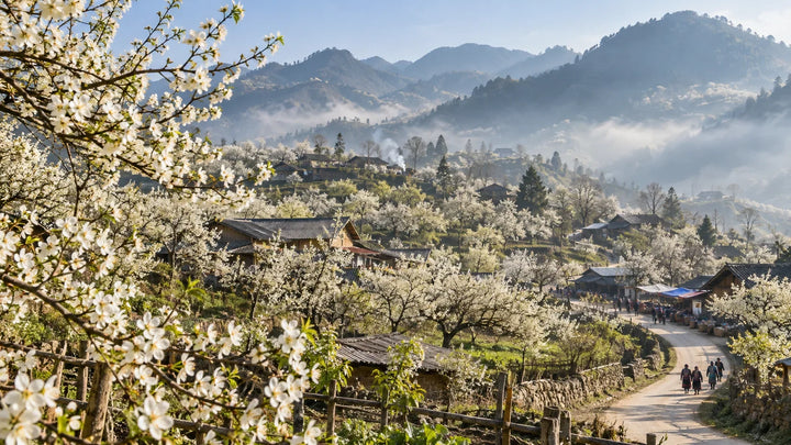 北河高原李花梨花村落与山谷晨雾