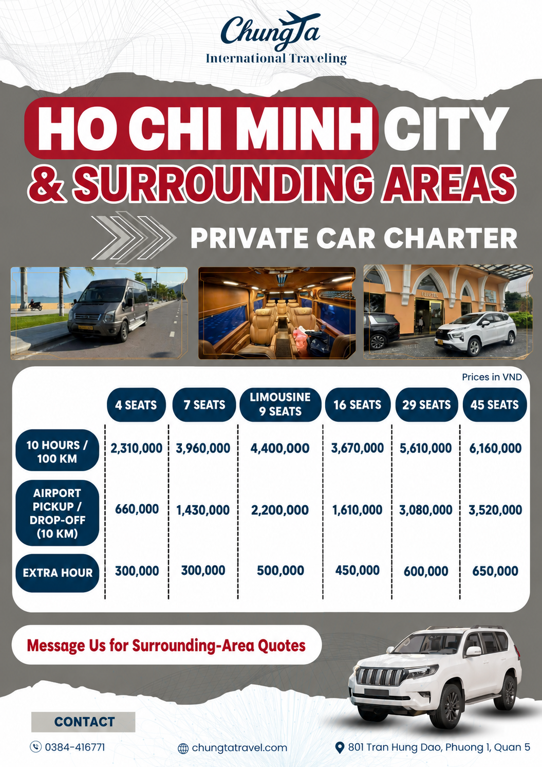 Ho Chi Minh City private car charter price list - prices in VND