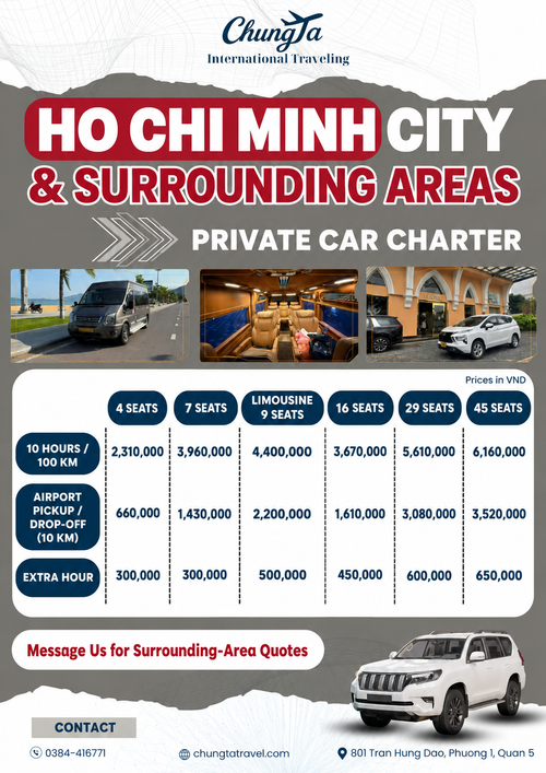 Ho Chi Minh City private car charter price list - prices in VND