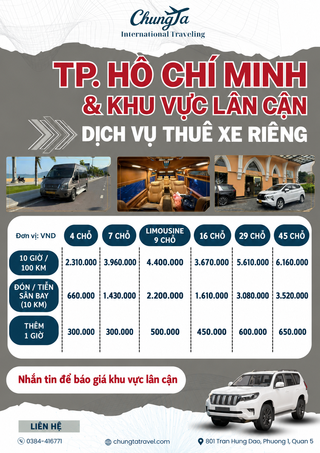 Bảng giá thuê xe riêng TP. Hồ Chí Minh và khu vực lân cận - đơn vị VND