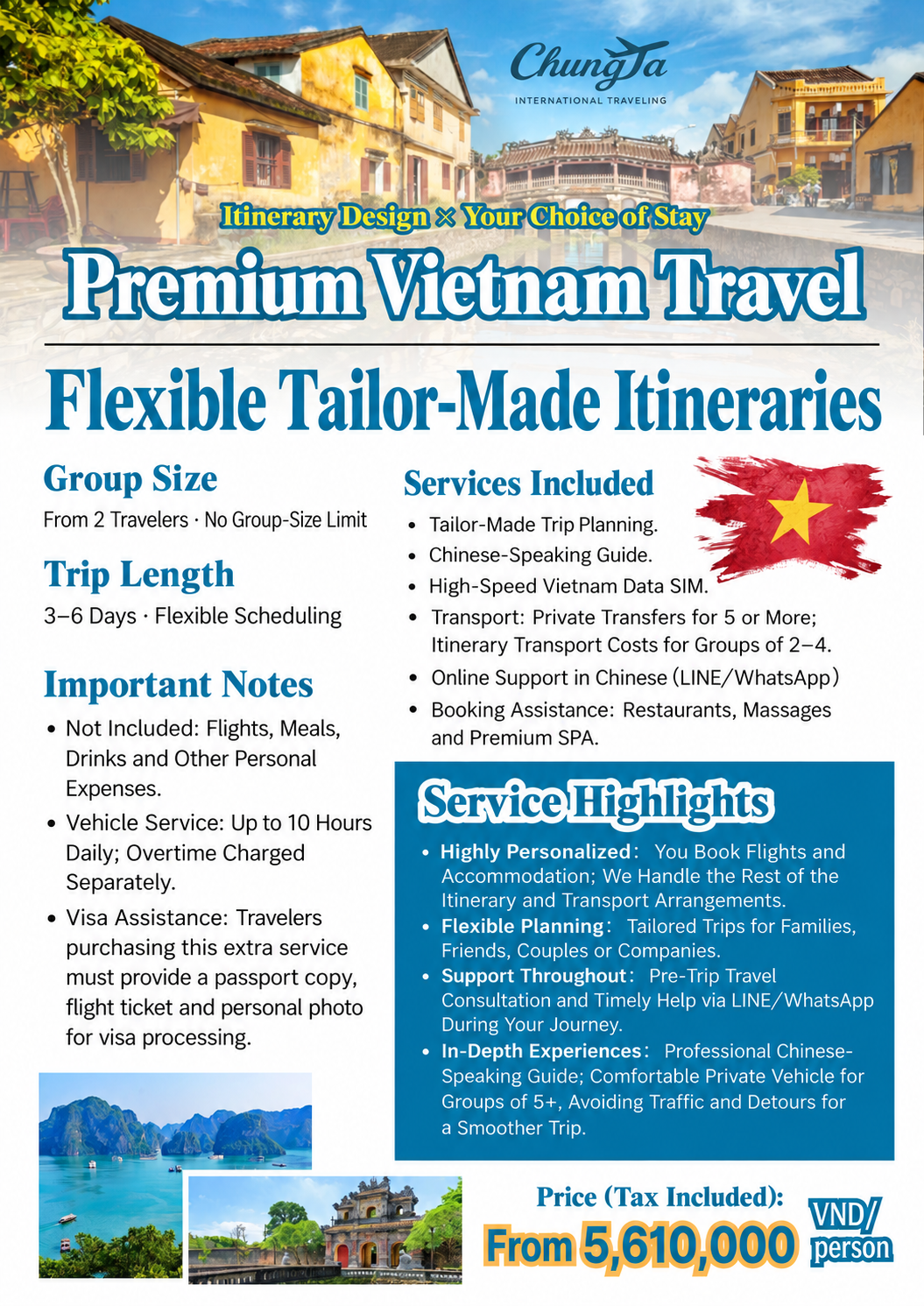 Flexible tailor-made Vietnam tour with self-booked hotels, from 5,610,000 VND per person, tax included