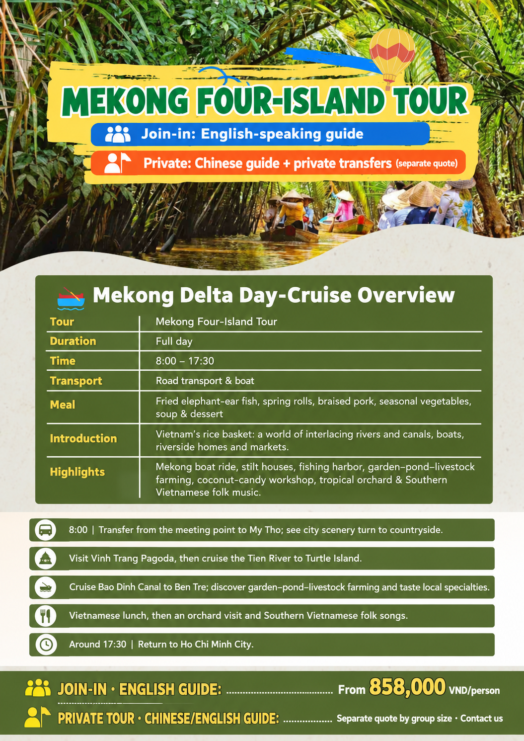 Mekong Delta day tour - English-guided join-in from 858,000 VND per person; private tours quoted separately