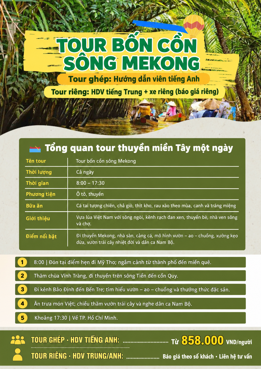 Tour Mekong một ngày - tour ghép HDV tiếng Anh từ 858.000 VND mỗi người, tour riêng báo giá riêng